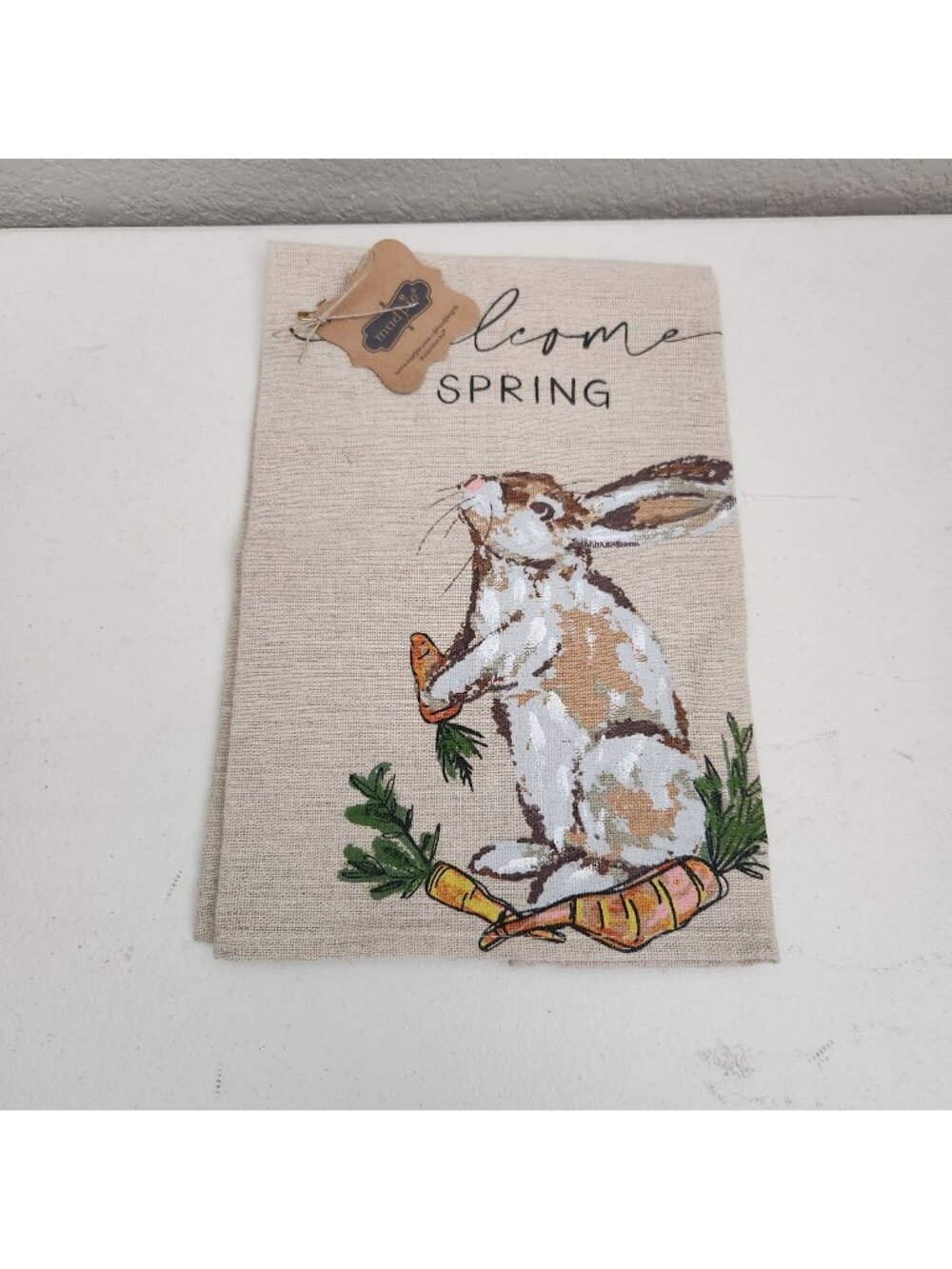 Welcome Spring Bunny Flour Sack Towel With Carrot Design By Mud Pie